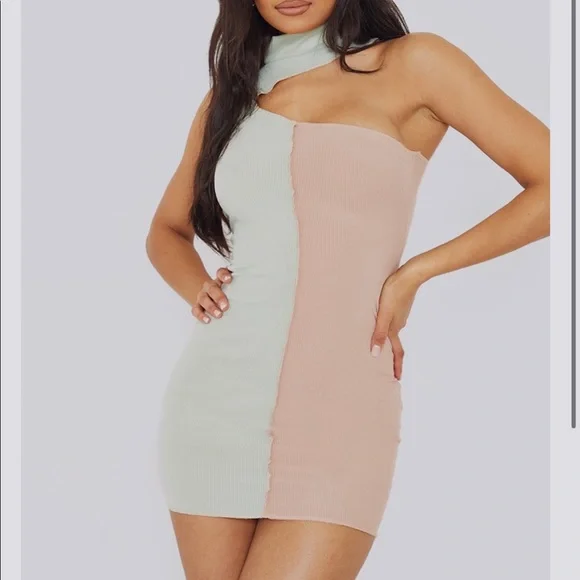 Women's Sage Green Rib One Shoulder Contrast Panelling Overlocked Midaxi Dress - Size 4 Women's Sage Green Rib One Shoulder Contrast Panelling Overlocked Midaxi Dress - Size 4